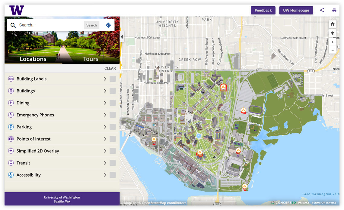 Screenshot of new campus map showing filter and search options