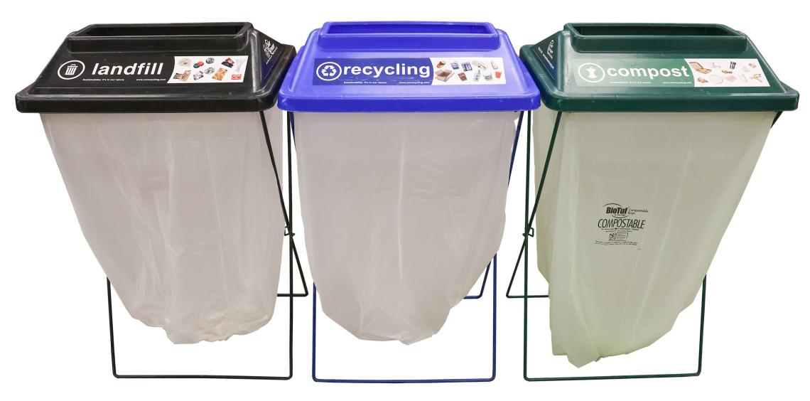 set of three waste bins titled landfill compost and recycling