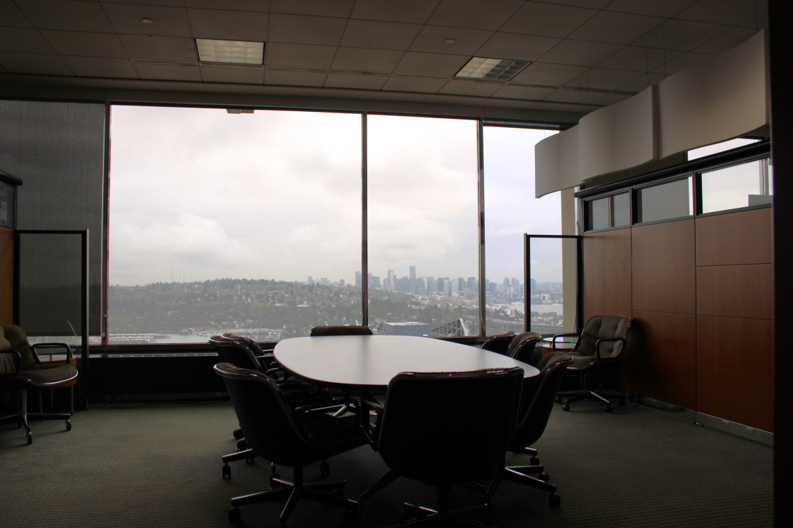 Portage Bay Conference room with a view of downtown on a cloudy day