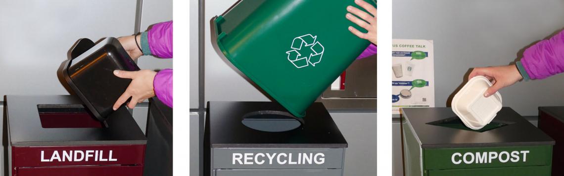 person’s hands emptying black container in landfill receptacle, a green container in a recycling receptacle and a small compostable clamshell container in a compost receptacle