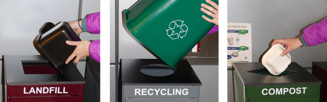 three receptacles being used: a red landfill receptacle, a gray recycling receptacle, and a green compost receptacle
