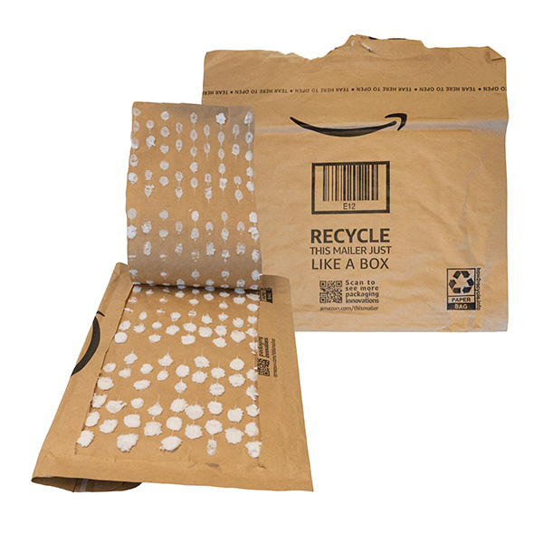 two padded paper amazon envelopes, the inside of one envelope is cut to show the padding which are rows of Styrofoam dots adhered to the paper
