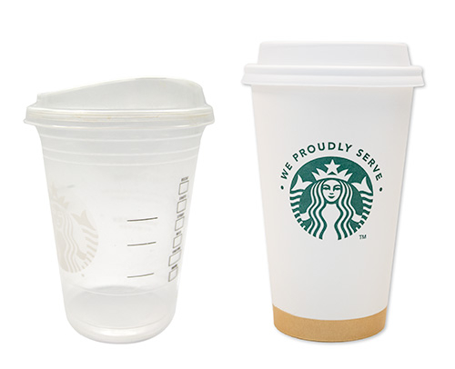 a clean plastic Starbucks cold cup and a Starbucks hot cup