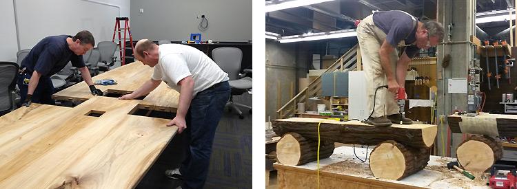uw facilities carpenters finishing a conference room table and an outdoor bench