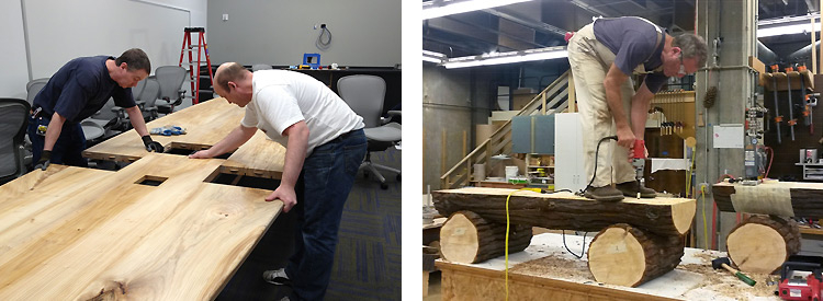 uw facilities carpenters finishing a conference room table and an outdoor bench