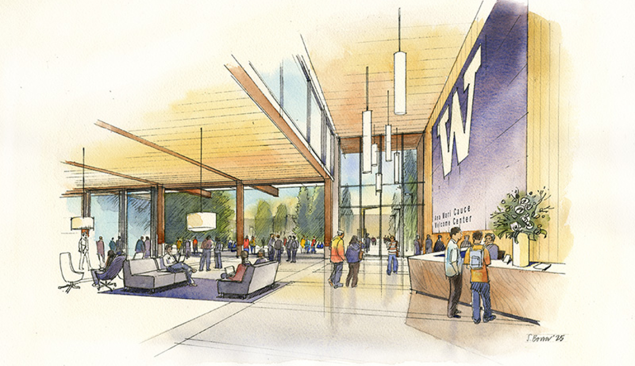 rendering of an open spaced, interior lobby of the ana mari cauce welcome center with people seated at couches and receiving help at a reception desk