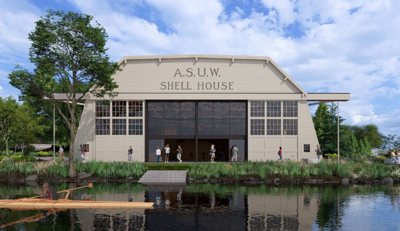 rendering of the exterior of the asuw shell house from a northern view showing large garage style door and boat ramp down to water