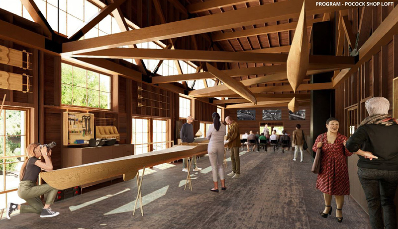 rendering of the interior of the asuw shell house showing the pocock shop with ample space for meeting and working on rowing shells