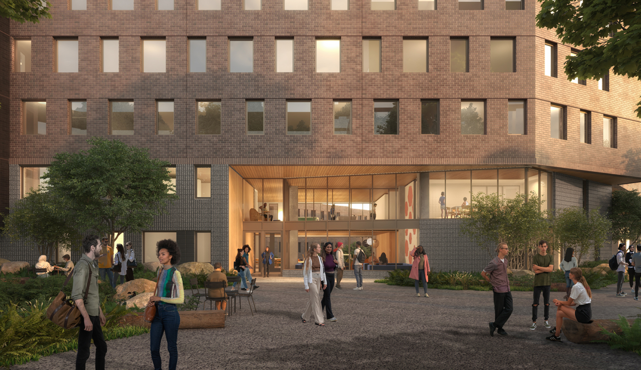 Rendering of the main entrance of Haggett Hall 