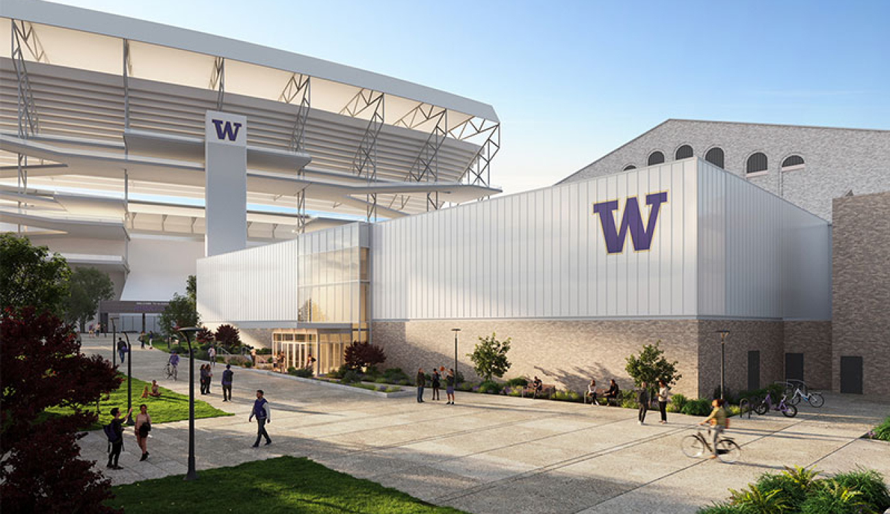 rendering of the future exterior of the intercollegiate athletics basketball training facility