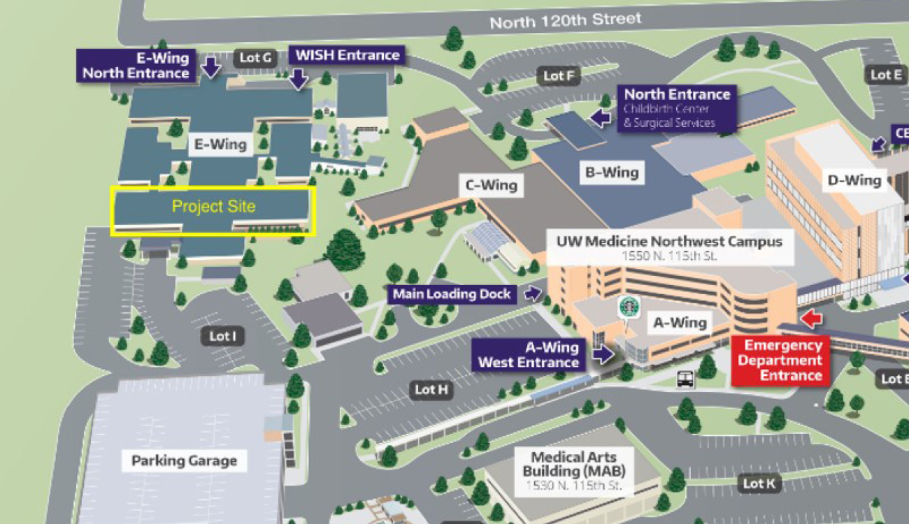 uwmc northwest campus map with project site in the e-wing outlined