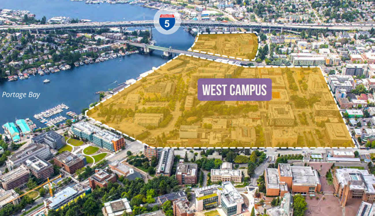 aerial view of west campus with the west campus footprint outlined