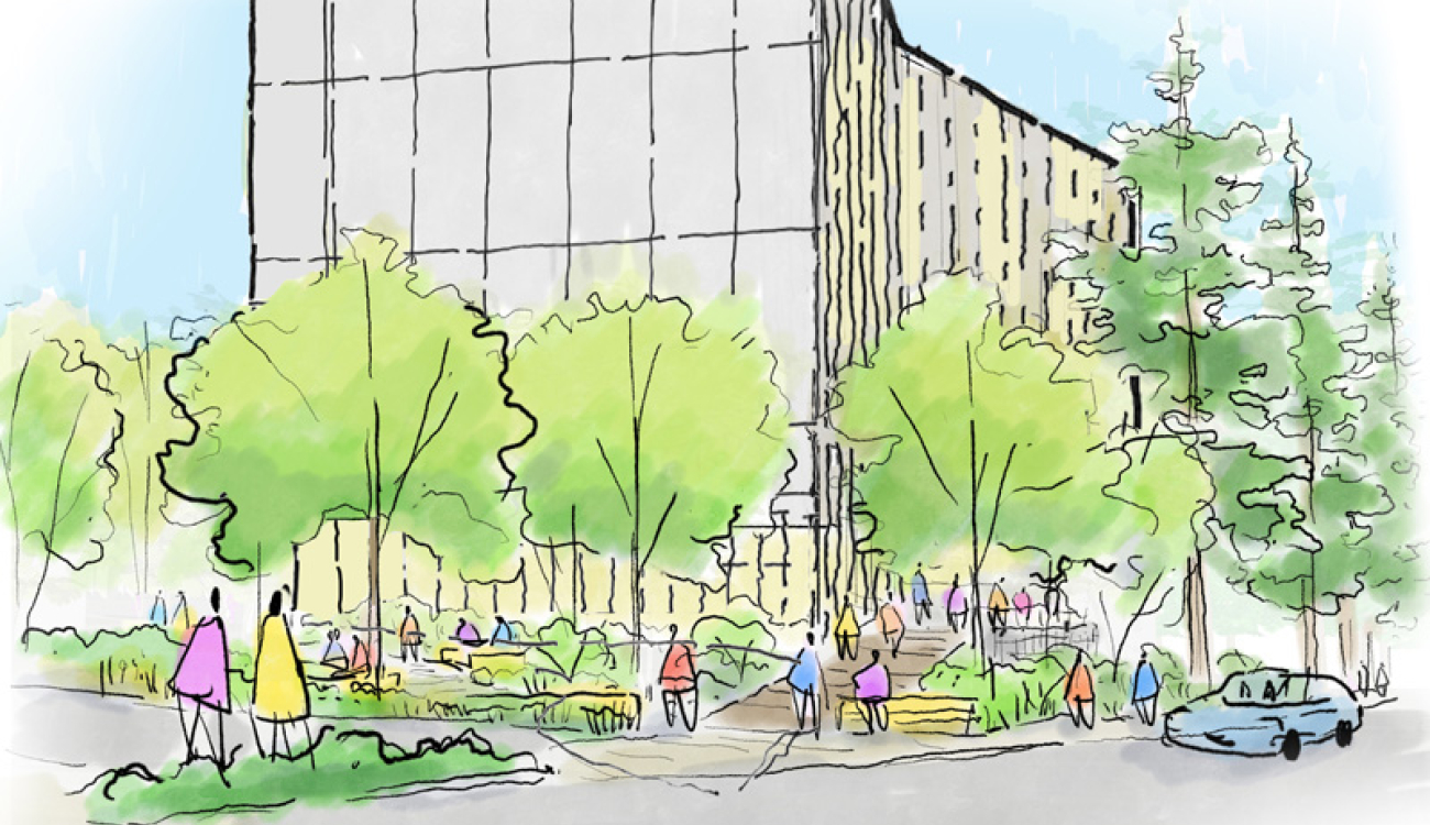 rendering of chemical sciences building showing a multi story, modern structure along stevens way