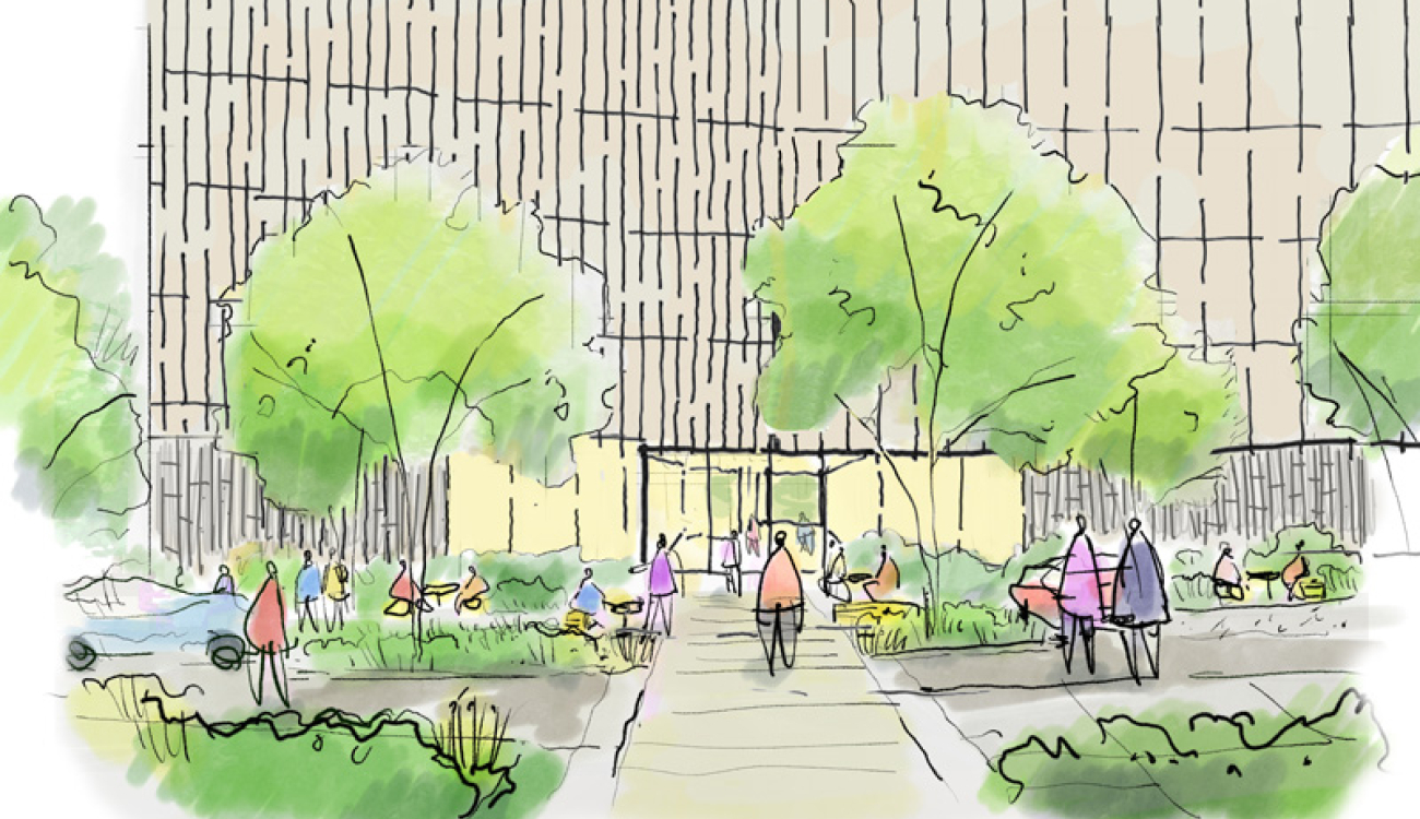 rendering of chemical sciences building showing an open welcoming entrance at ground floor of multi-level modern building