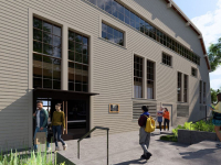 rendering of the exterior of the asuw shell house from a southern view showing large double doors with people walking by and in