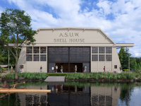 rendering of the exterior of the asuw shell house from a northern view showing large garage style door and boat ramp down to water