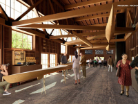 rendering of the interior of the asuw shell house showing the pocock shop with ample space for meeting and working on rowing shells