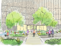 rendering of chemical sciences building showing an open welcoming entrance at ground floor of multi-level modern building