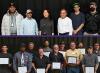 two pictures, one on top of the other, of two different groups of people, one group holding certificates