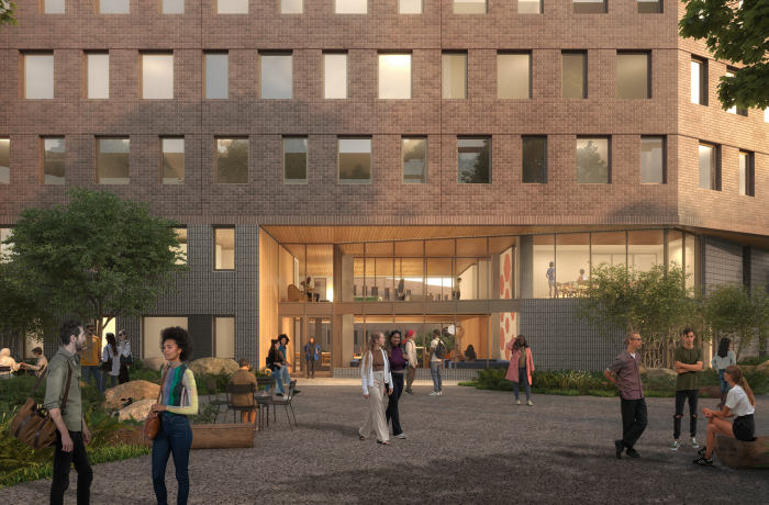 Rendering of the main entrance of Haggett Hall 