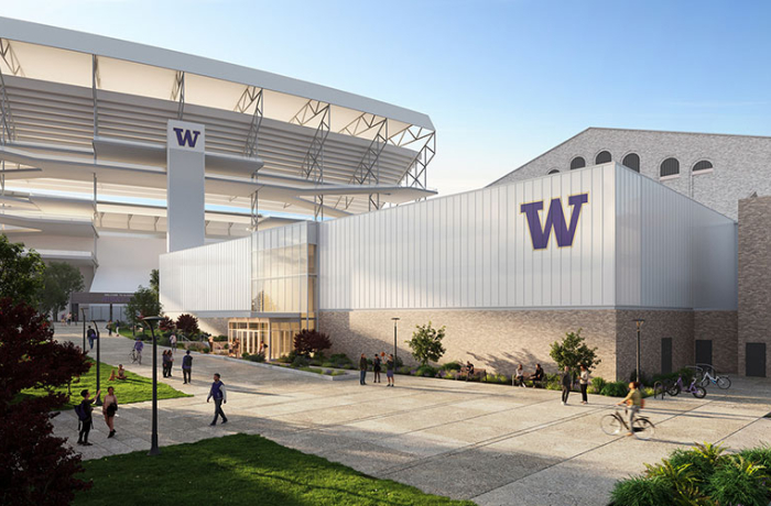rendering of the future exterior of the intercollegiate athletics basketball training facility