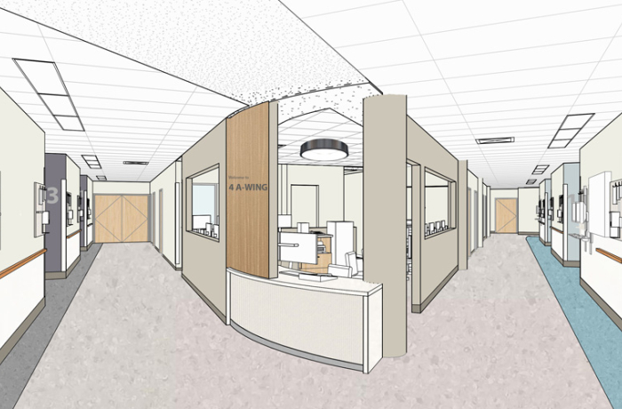 interior rendering of a-wing showing new finishes, modernized nurse station