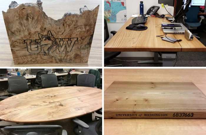 four images: a rustic wood plaque with a husky engraved on it, a wooden standing desk, a conference table with six chairs around, a cutting board engraved with university of washington