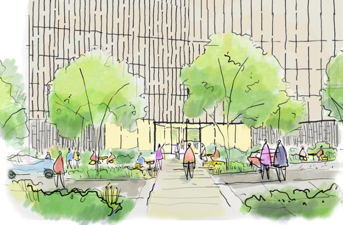 rendering of chemical sciences building showing an open welcoming entrance at ground floor of multi-level modern building