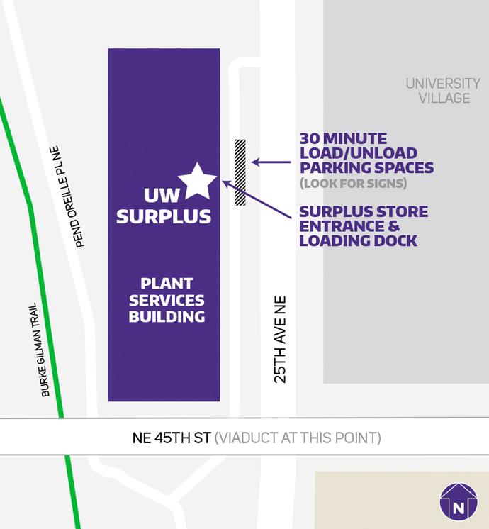 uw surplus location map showing store entrance and load/unload parking spaces out front west of 25th ave, north of ne 45th st