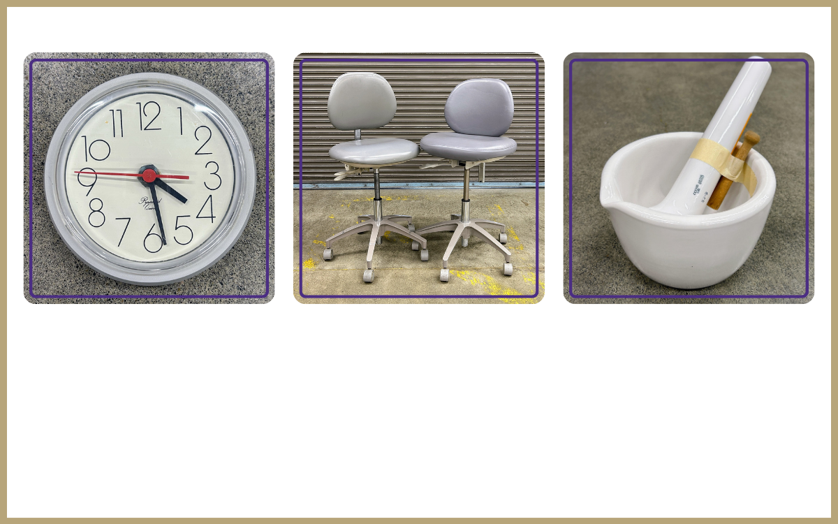 white wall clock, two small grey doctors chairs, white mortal and pestle