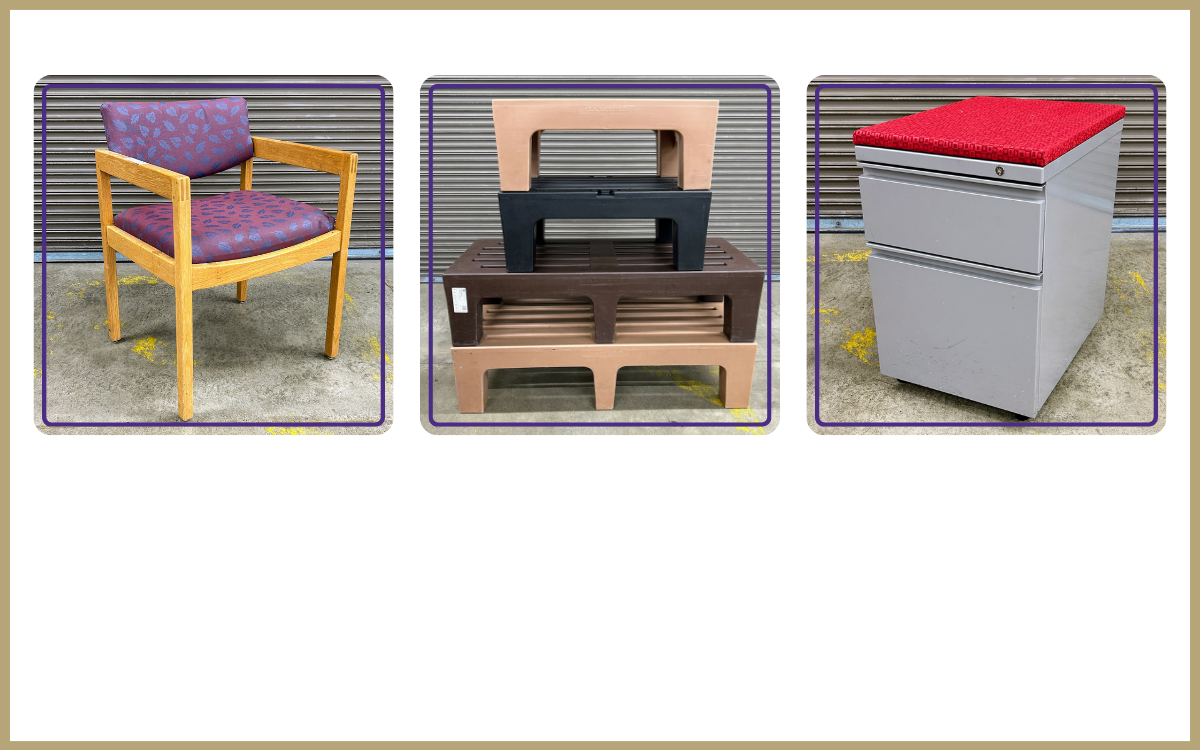 wood chair with purple leaf pattern on back and seat, 4 dunnage racks stacked, small 2 drawer filing cabinet with red fabric top