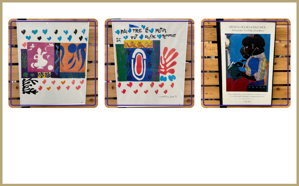 Three framed prints of art by Henry Matisse and Romare Beardon