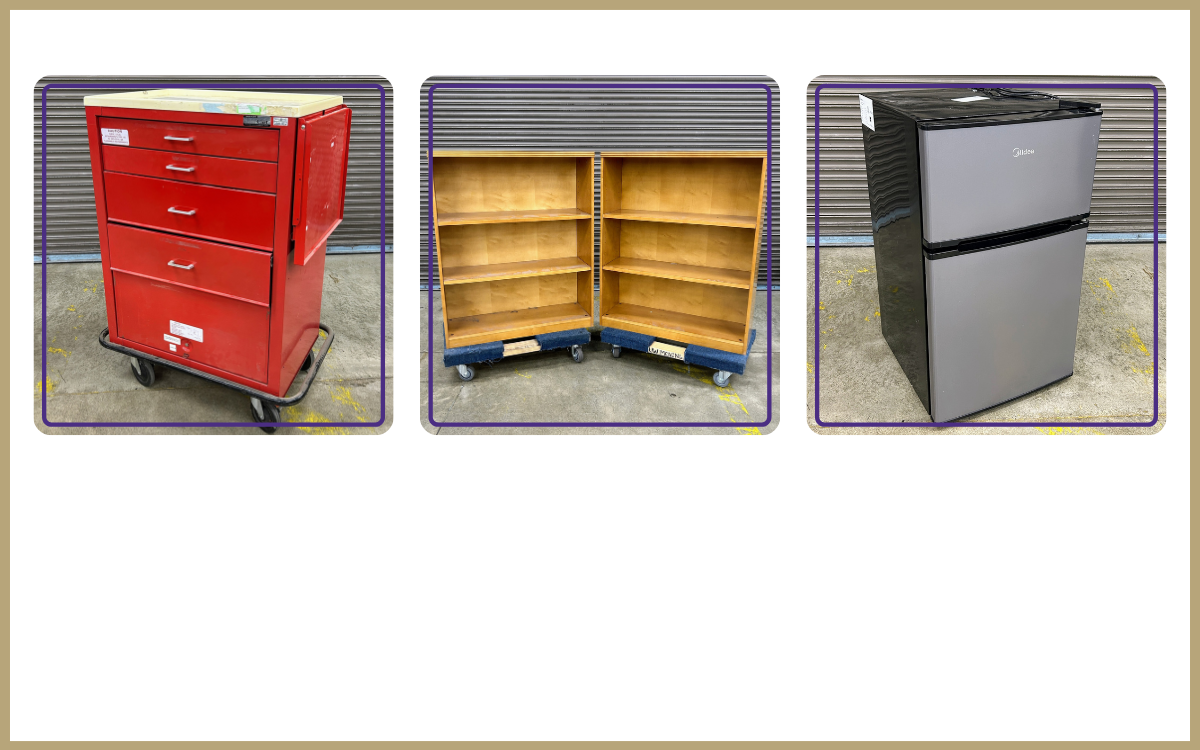 Red metal medical cart, duo of wood bookshelves, compact fridge and freezer