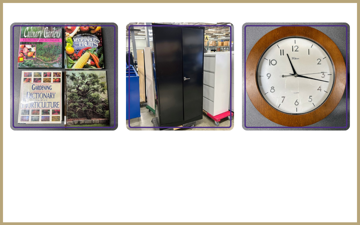 horticulture books, black cabinet, wall clock