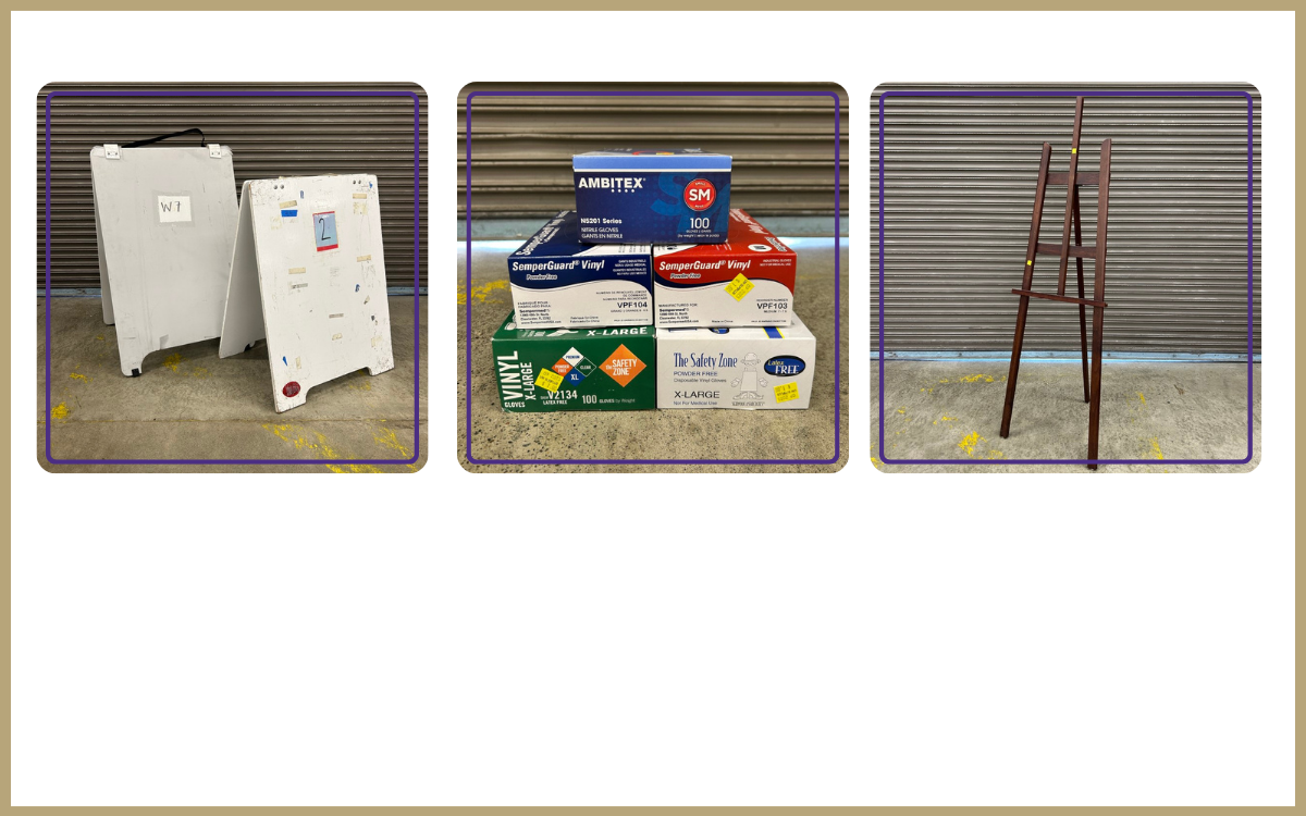 sandwich board, vinyl gloves and wood easel