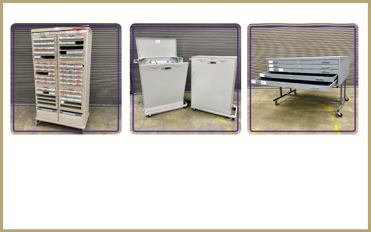 Metro starsys cart, duo of Easifile large print cabinets, rolling 5-drawer map cabinet