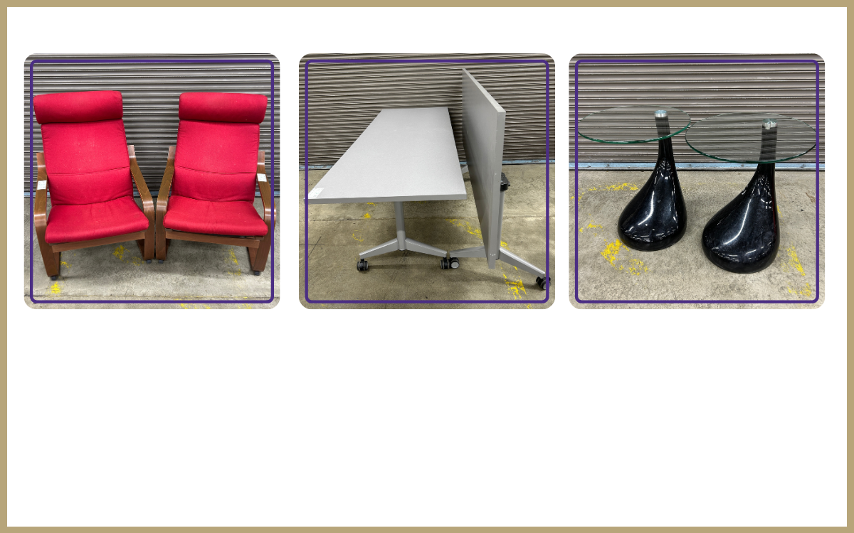 Duo of red Ikea chairs - $35.00 each  Duo of flip top tables - $45.00 each  Duo of teardrop base side tables with glass tops - $25.00 -$35.00 (priced based on cosmetic condition)