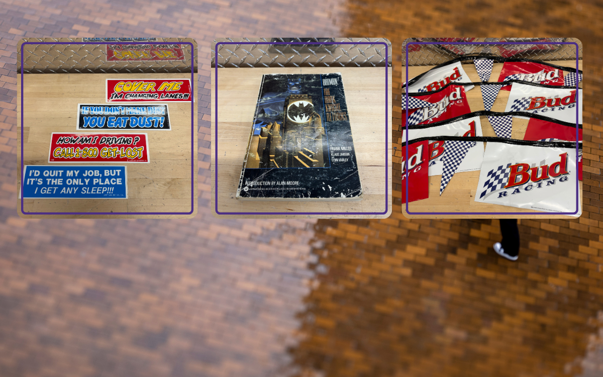 vintage bumper stickers, a batman comic and a budweiser racing banner