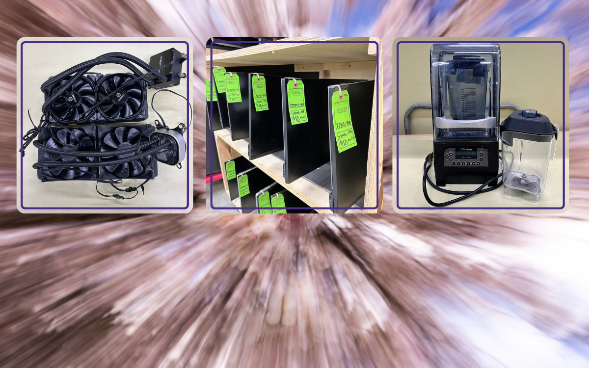 All-in-one PC liquid coolers - $20.00 each Dell & HP Monitors - $10.00 each Commercial Vitamix blender (The Quiet One) 1.4L capacity - $195.00