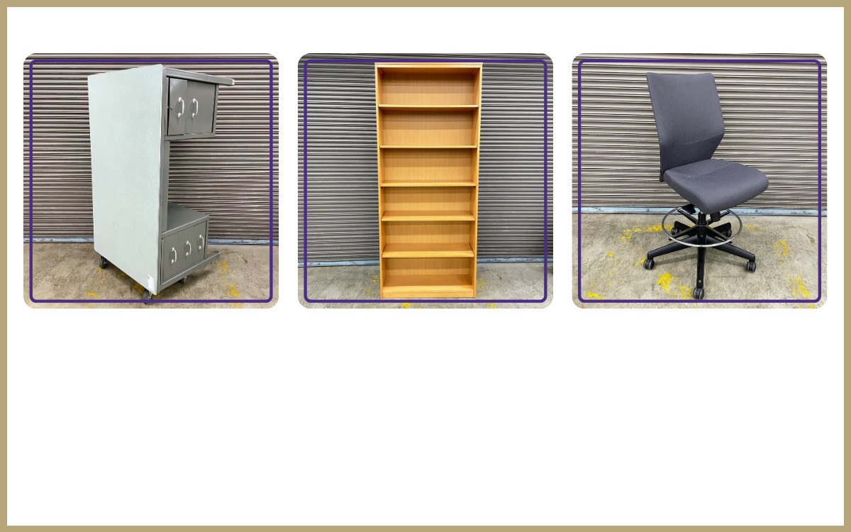 grey and green tanker desk, tall wood bookcase, grey office stool