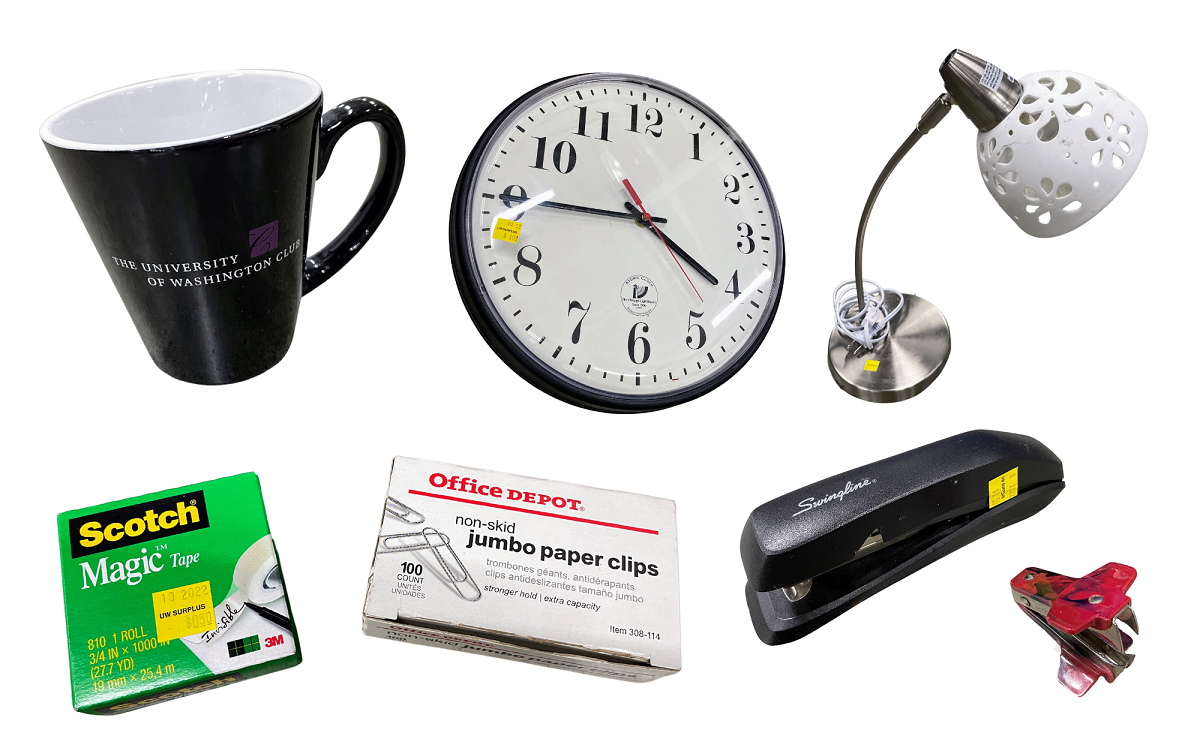 Photos of: coffee much, wall clock, desk lamp, staple remover, stapler, box of paper clips, roll of tape