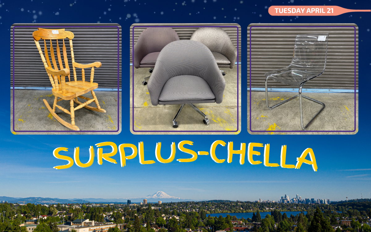 a rocking chair, 3 lounge chairs, a clear chair on a picture of the seattle skyline