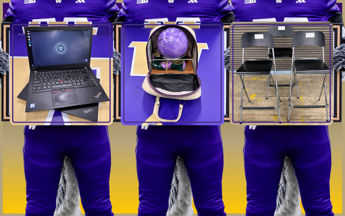 a trio of "harry the husky" mascots holding images of a lenovo laptop, a trio of counter height folding stools and a bowling ball with matching bag