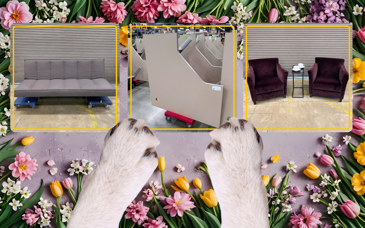 two dog paws point to bundles of flowers surrounding three images of a sleeper sofa, a corner desk electric sit stand and a duo of rich purple velour lounge chairs