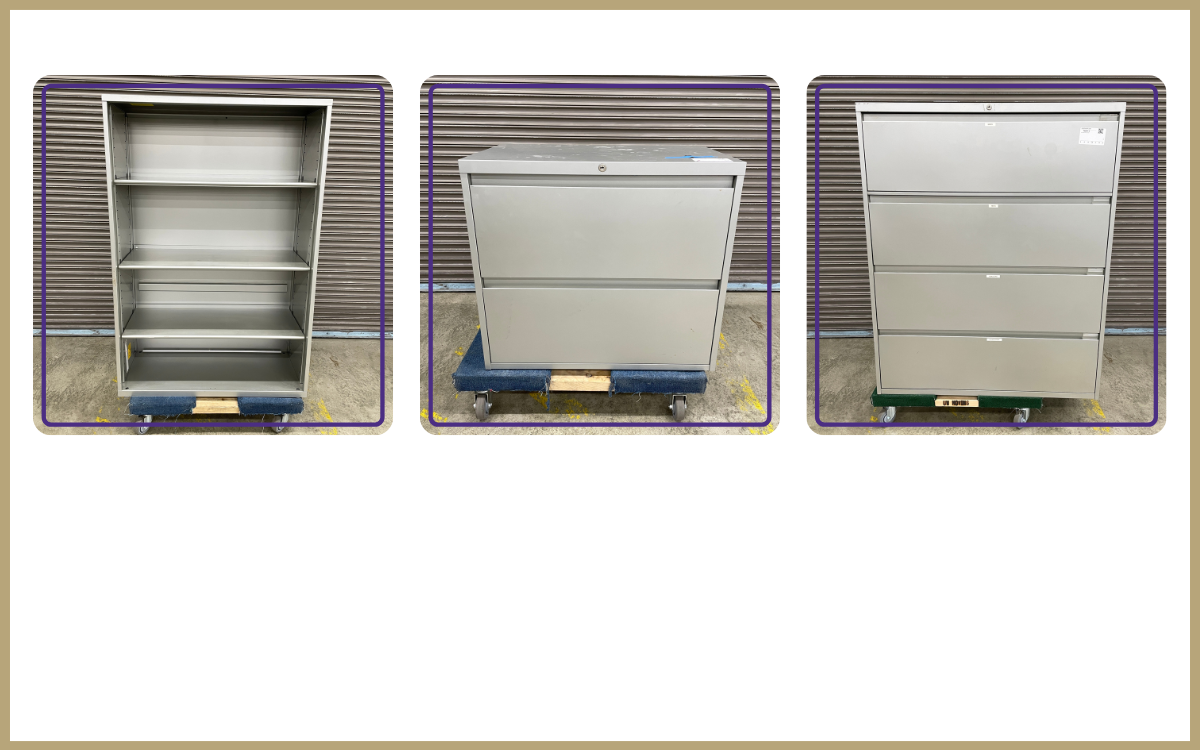metal bookcase, 2 drawer file cabinet, 4 drawer file cabinet