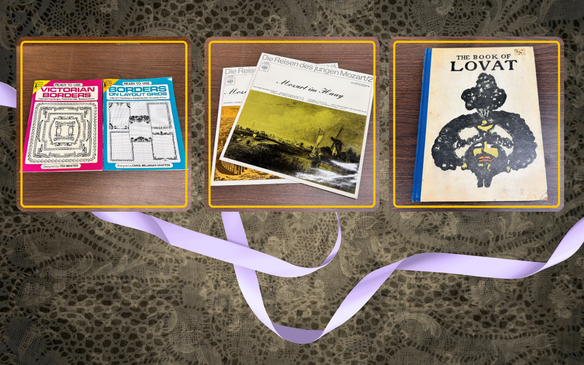 lace with a piece of ribbon behind pictures of two books, 2 mozart records, and a Lovat book