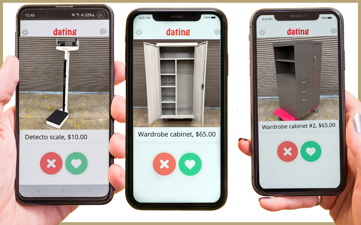 three phones with dating apps loaded with three images of a wardrobe cabinet, a scale and another wardrobe cabinet