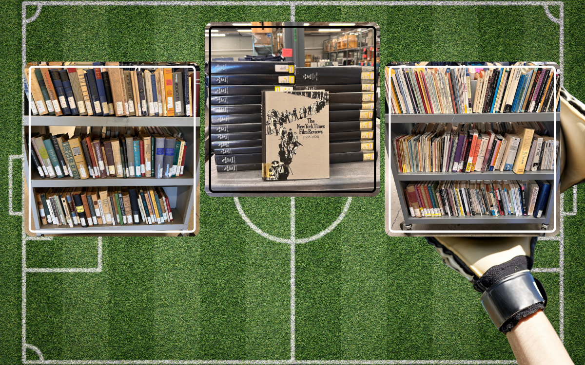 soccer field and a set of goalie gloves behind three images of a book cart of plays and poetry, New York Times film reviews, and another book cart of Russian literature