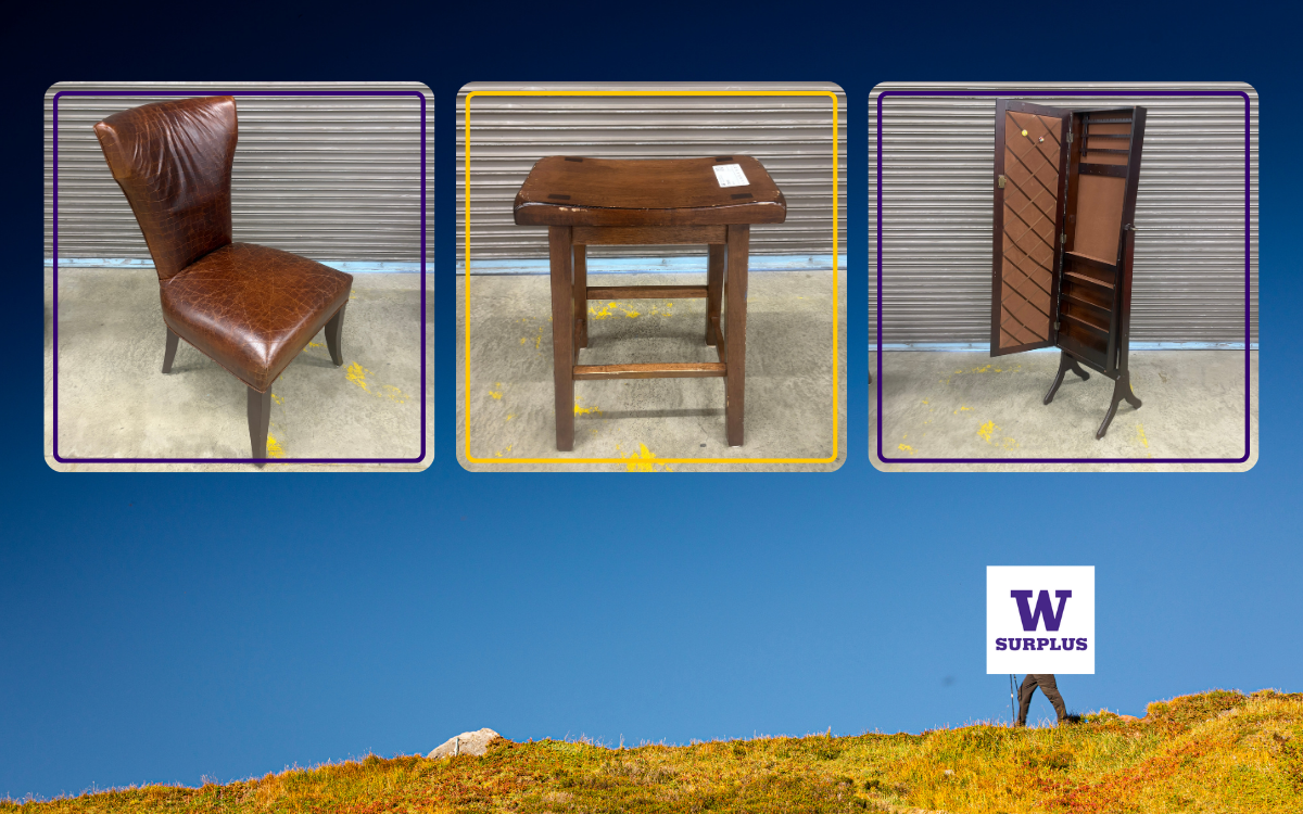 blue sky behind a person hiking with three images of a brown chair, saddle stool, and a cheval mirror