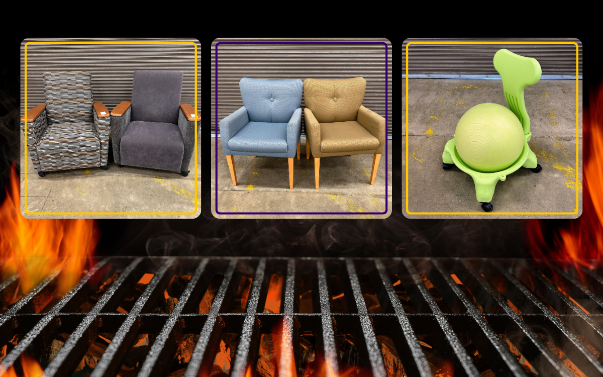 open flame grill with three images of two rolling lounge chairs, two waiting room seats and a yoga ball chair